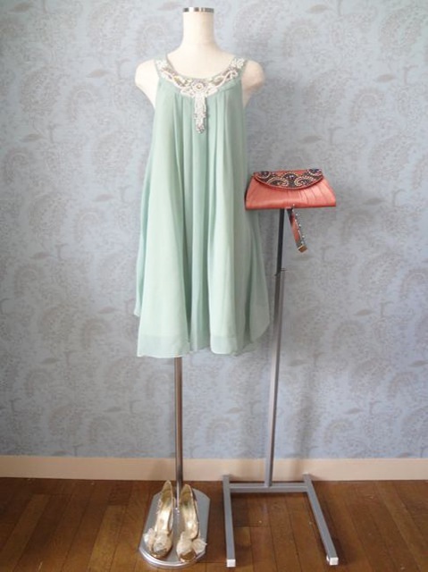 Aラインワンピ ドレス139 (グリー