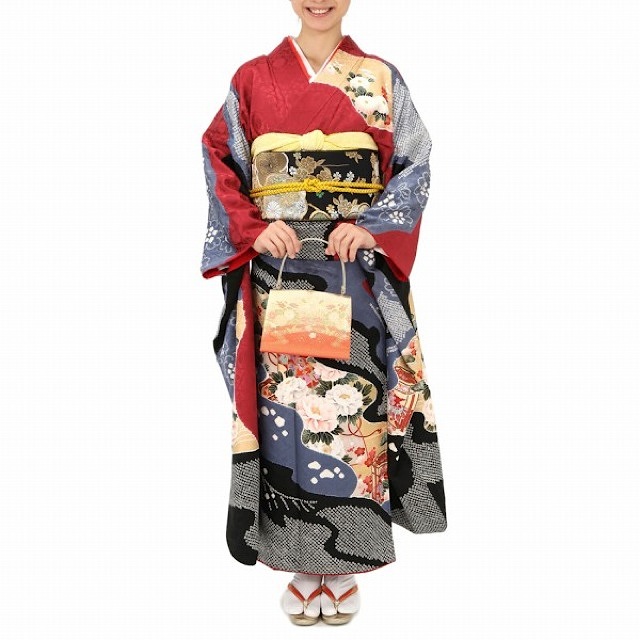 小紋絞り花柄振袖  (レッド ブラッ